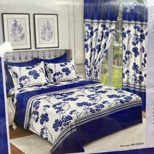 Bollft 8 Piece Sheet  & Curtain Set CALIFORNIA KING Blue/White Floral NEW